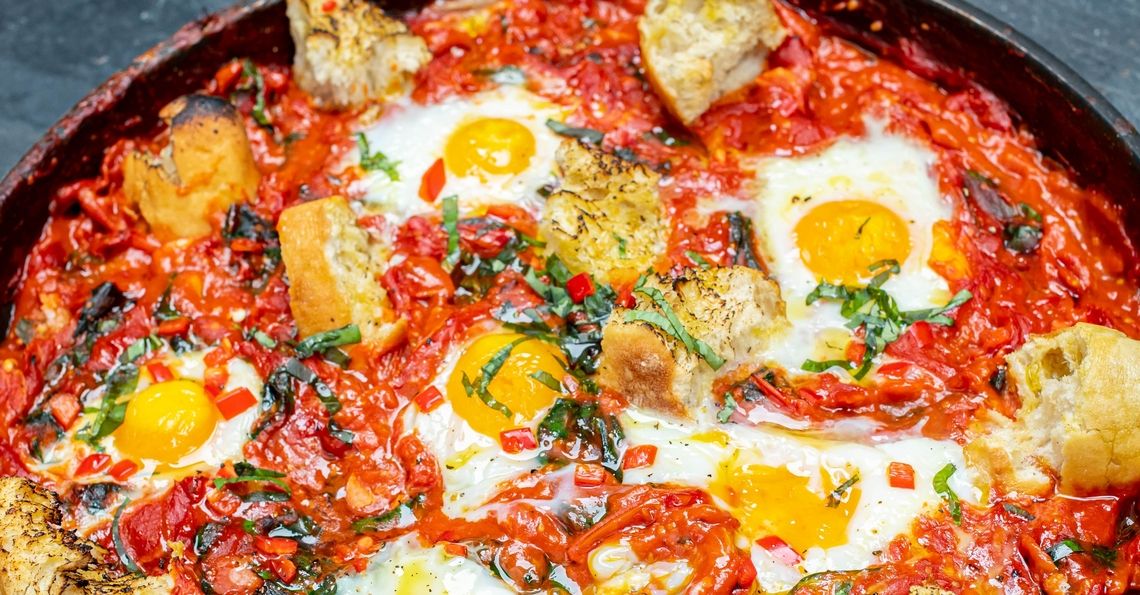 MOB Kitchen's Garlic, Tomato and Basil Baked Eggs Egg Recipes British Lion Eggs